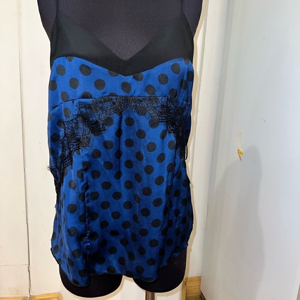Zara tank large satin womens blue and black polka dot lace